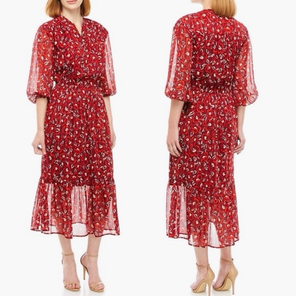 KAARI BLUE Flowy Chiffon Tiered Red Floral Midi Dress w Long Sleeves